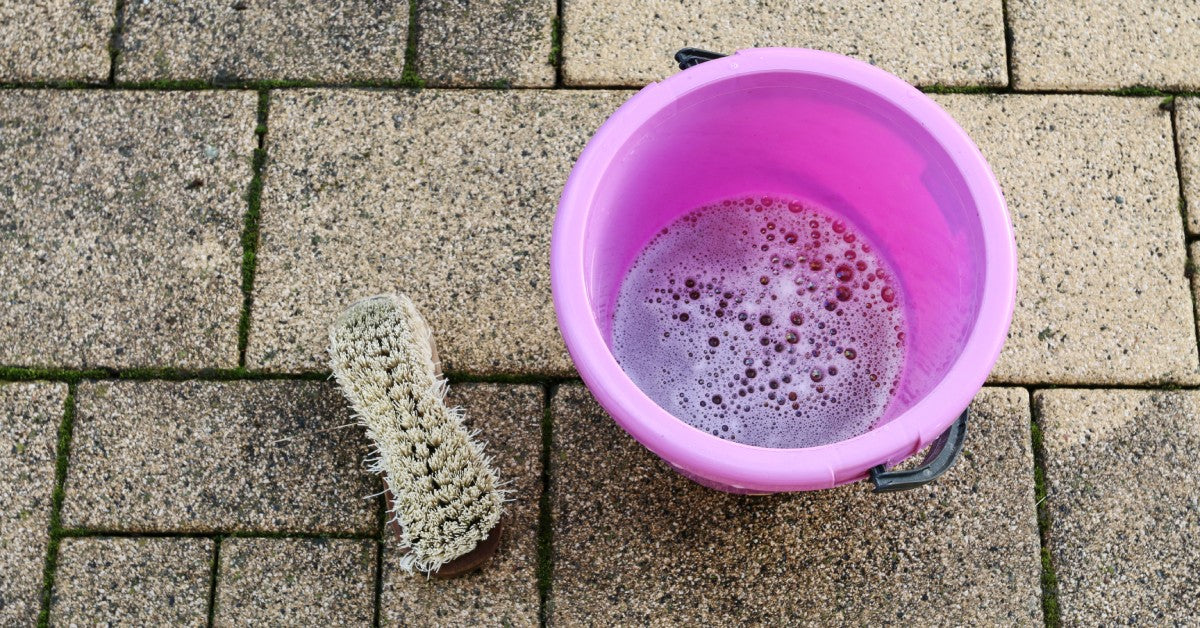 A purple bucket containing a soapy cleaning mixture sits on a dirty patio with a scrub brush next to it.