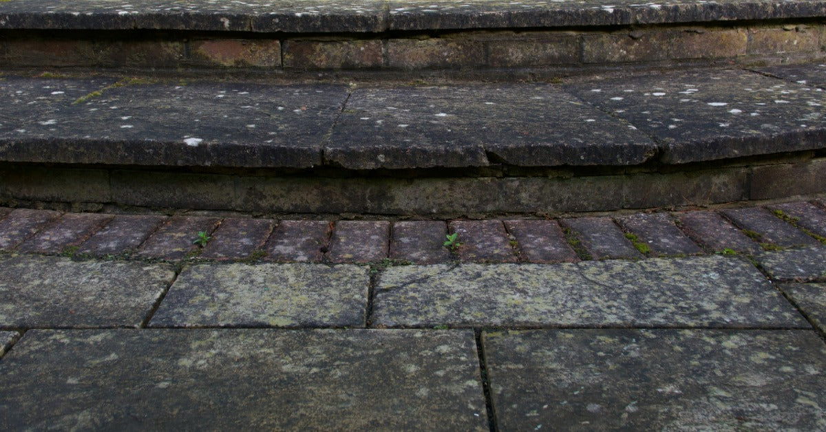 A dirty patio step with dark mould growth, sinking stones, and weeds growing between paving stones.